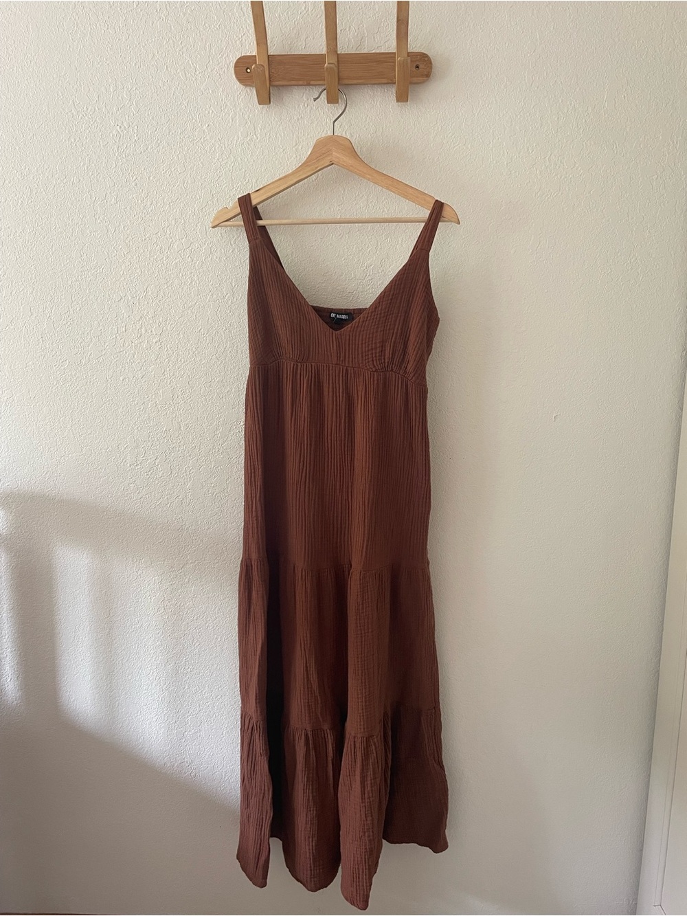 Steve Madden Women’s Brown Cotton Gauze Tiered Flowy Boho Cottagecore Maxi Dress